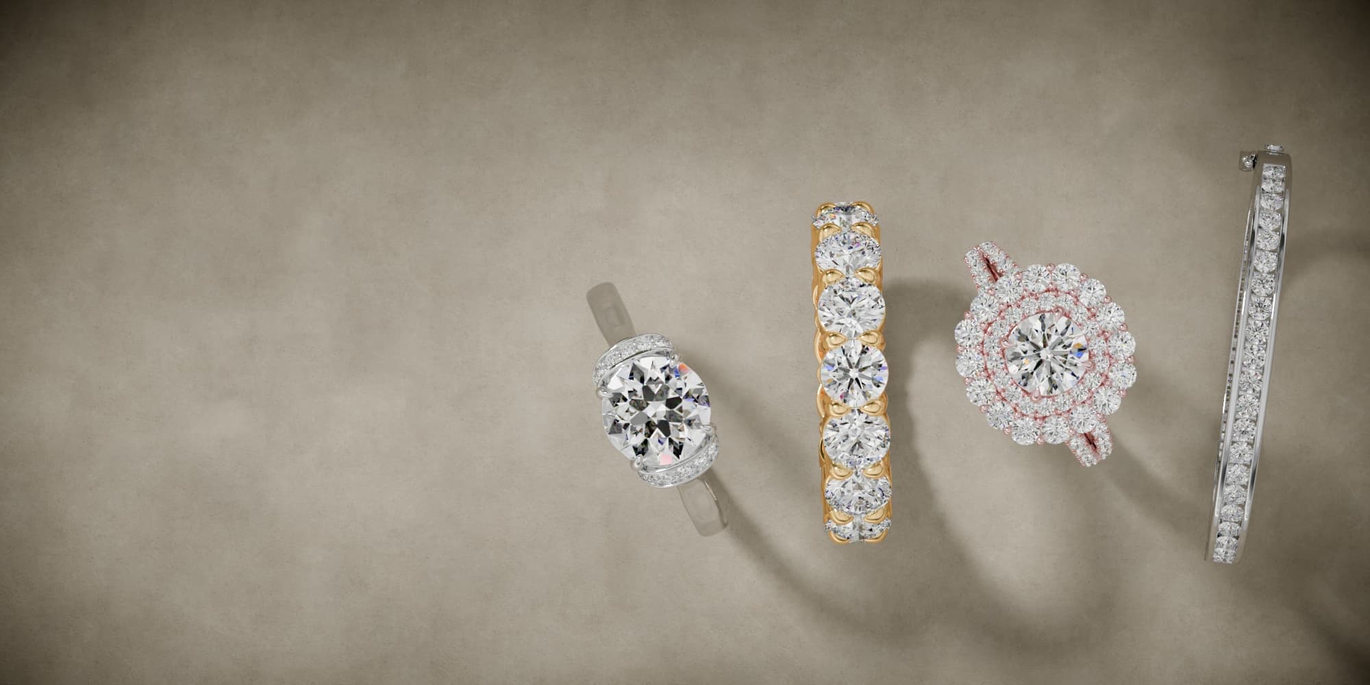 photorealistic still image renders of four diamond rings and a bangle