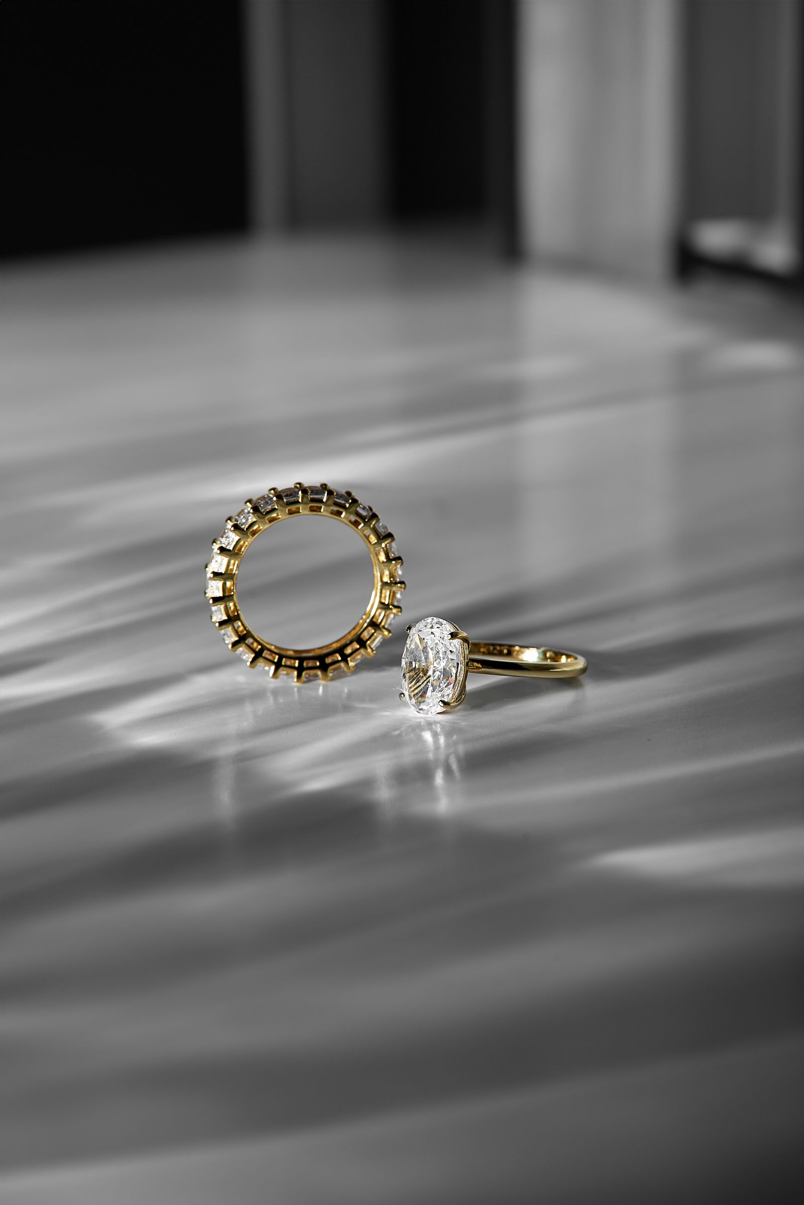 close up render of diamond rings in monochrome