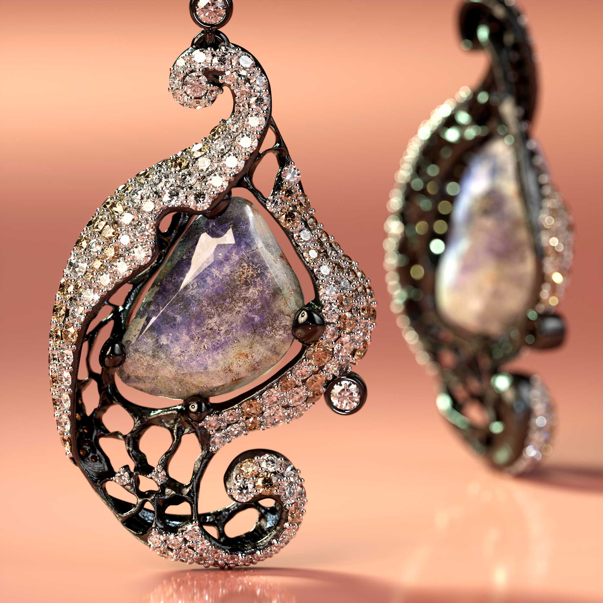 3d render of gold leaf earrings on a white background