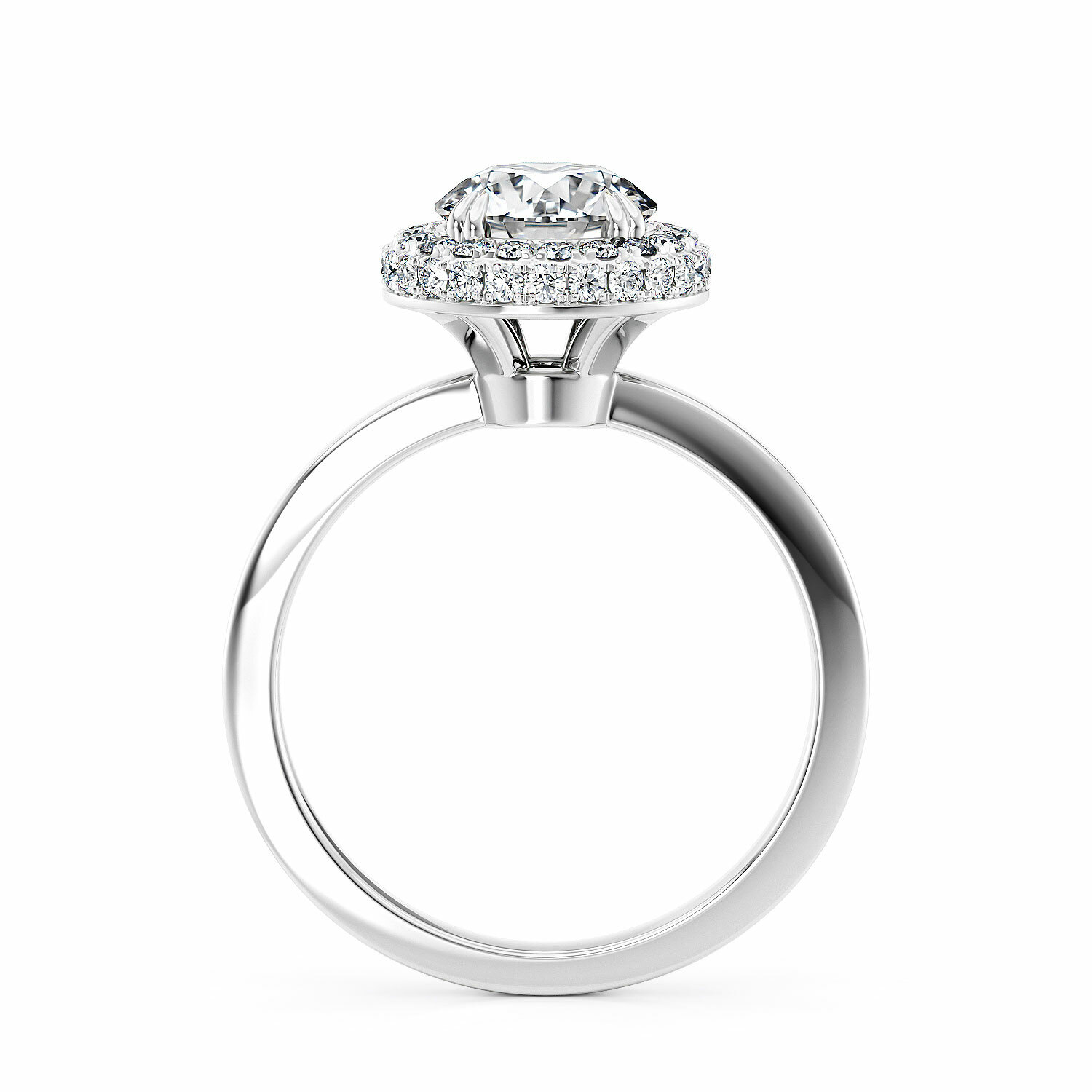 3d render of a halo diamond ring on a white background