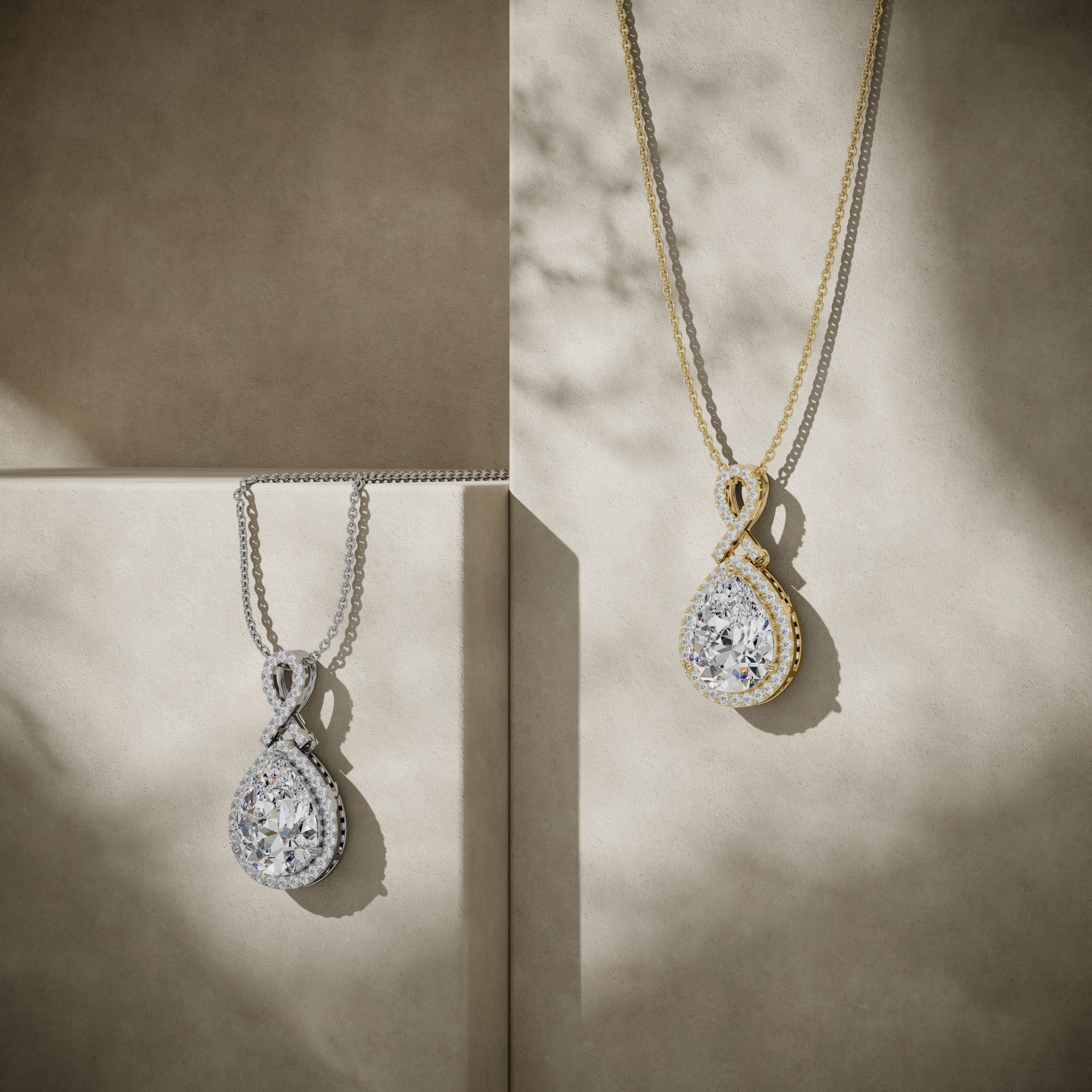 comparison of a CAD file and the finished photorealistic render of a pear diamond halo pendant