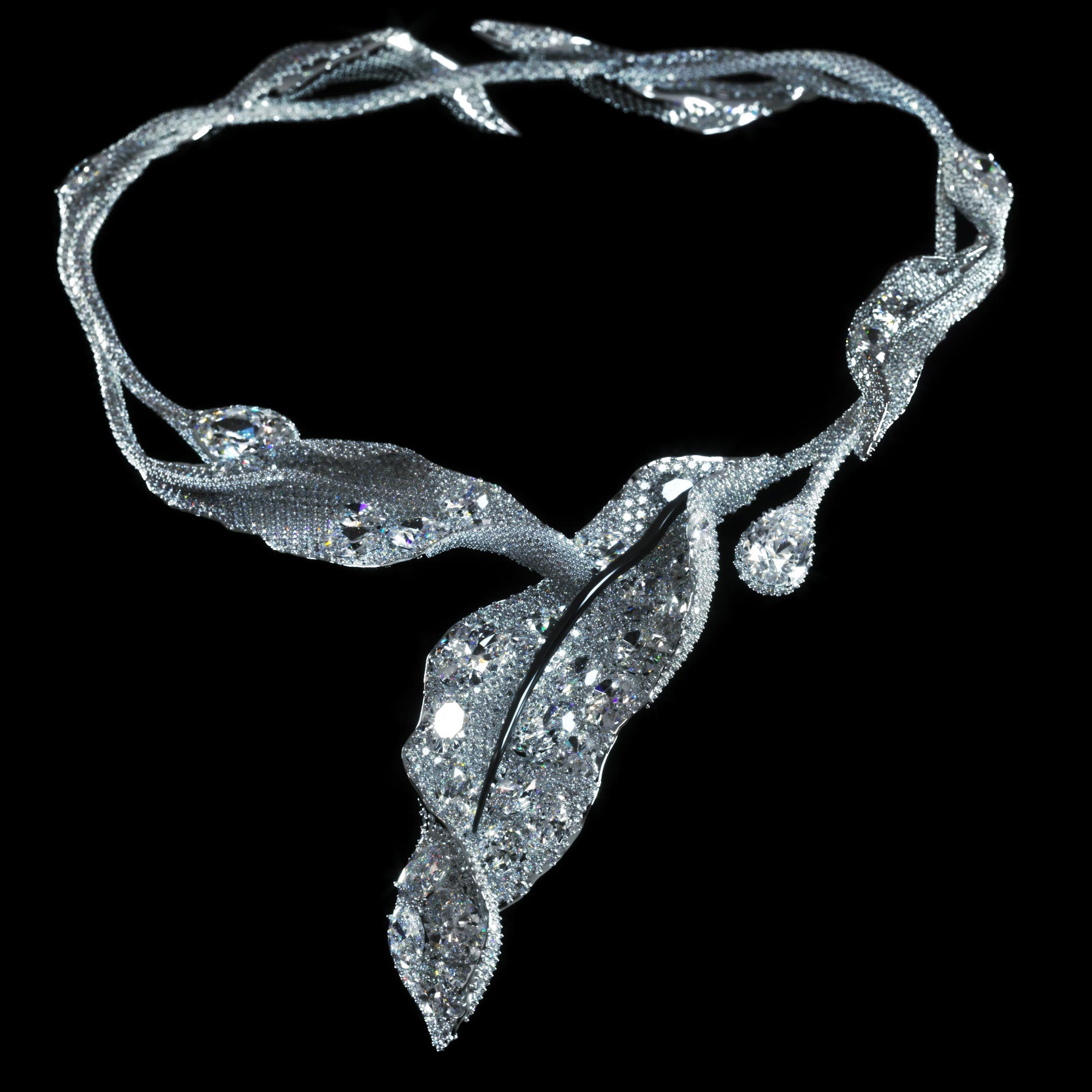 render of a leaf motif necklace on a dark background