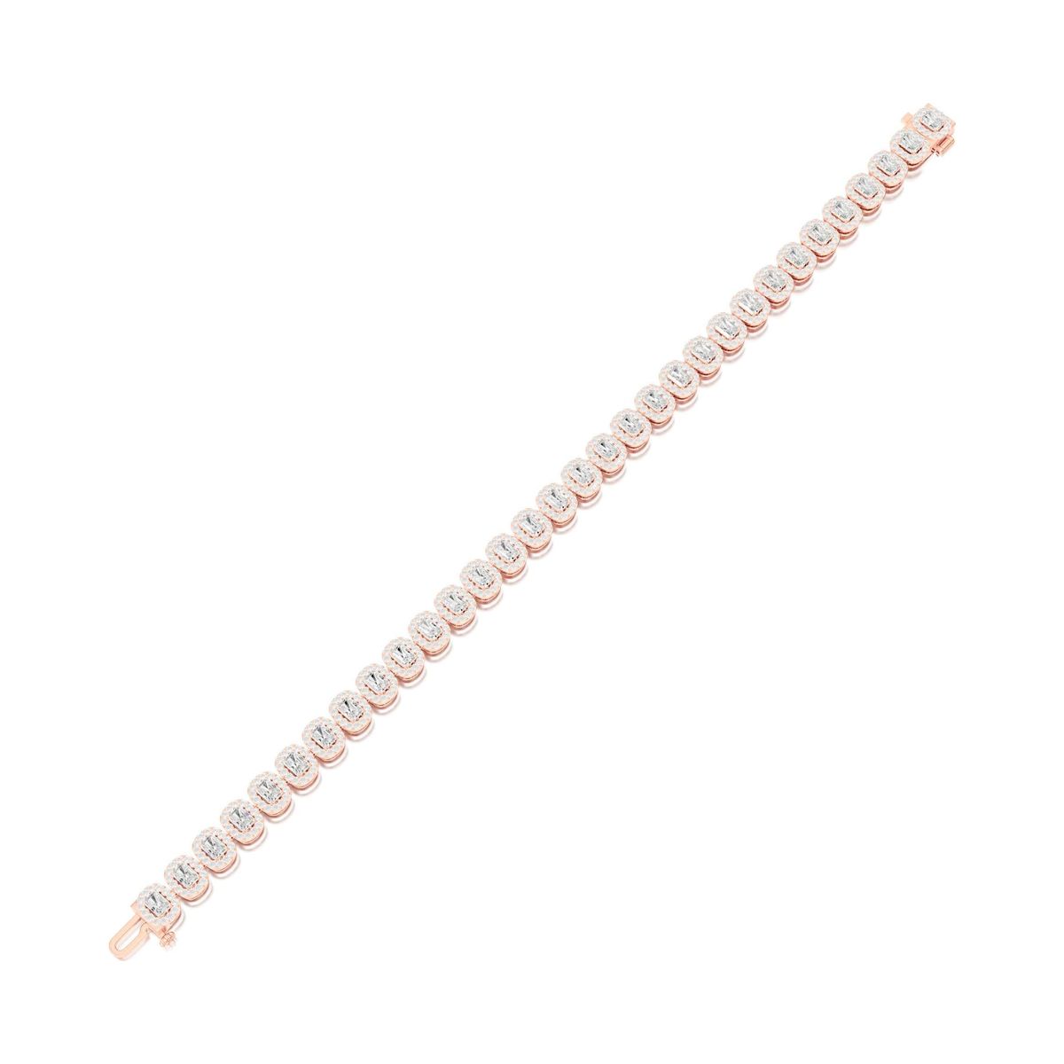 radiant-cut halo line bracelet in rose gold, rendered on a pure white background, view 2