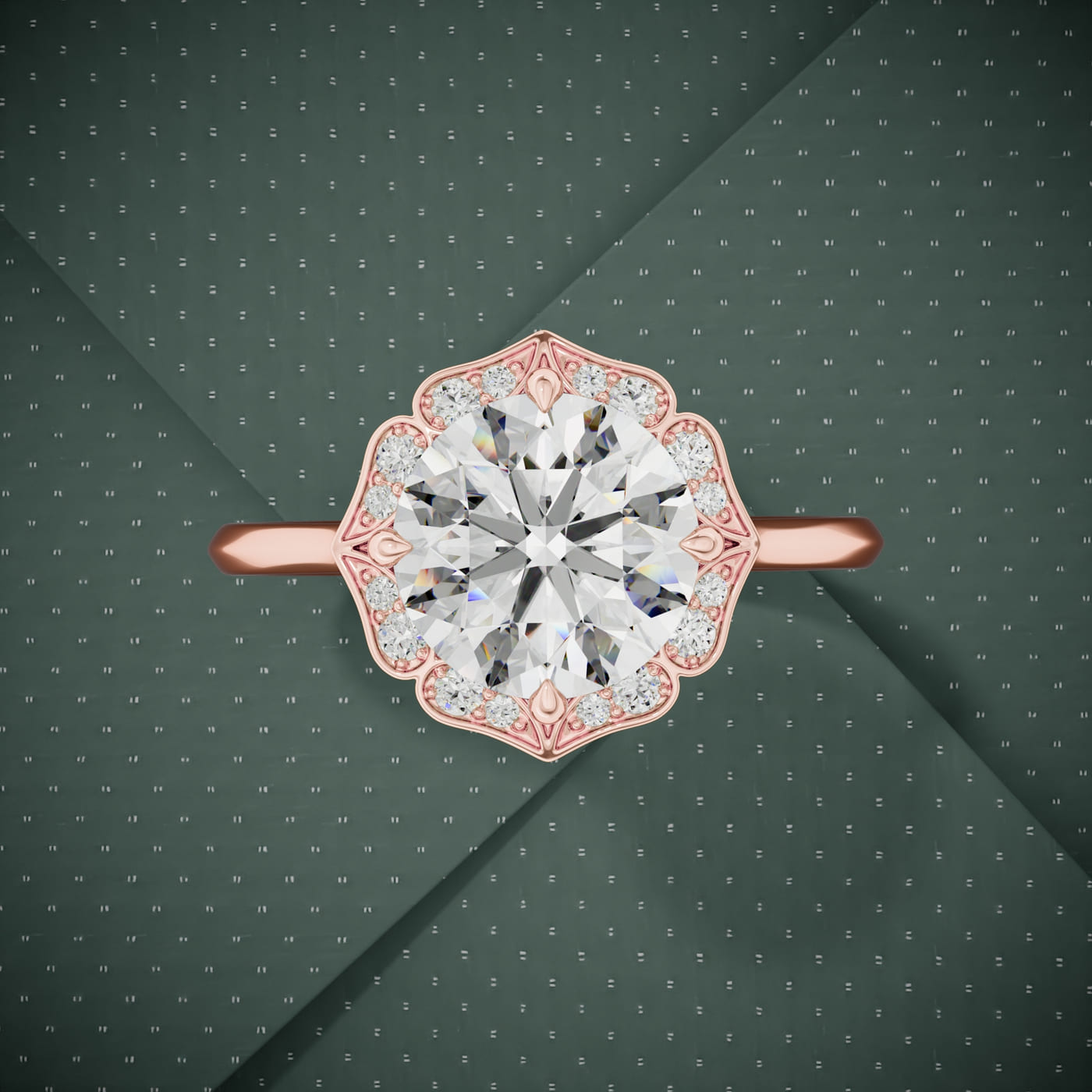 3d render of the same diamond halo ring in rose gold