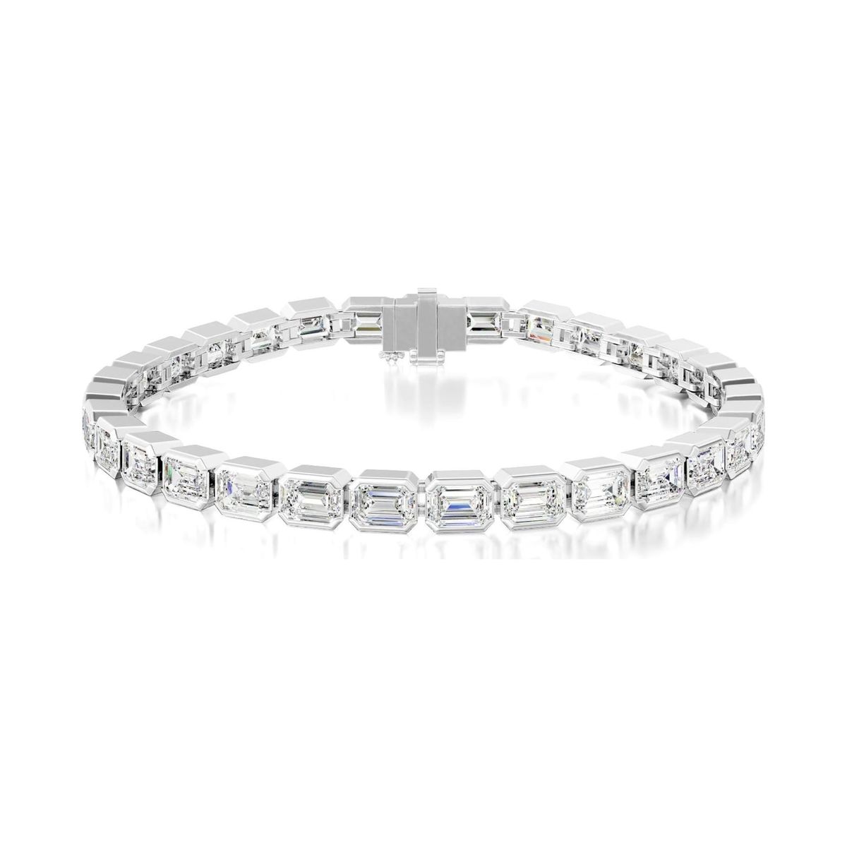 bezel-set emerald-cut line bracelet in white gold, rendered on a pure white background, view 1