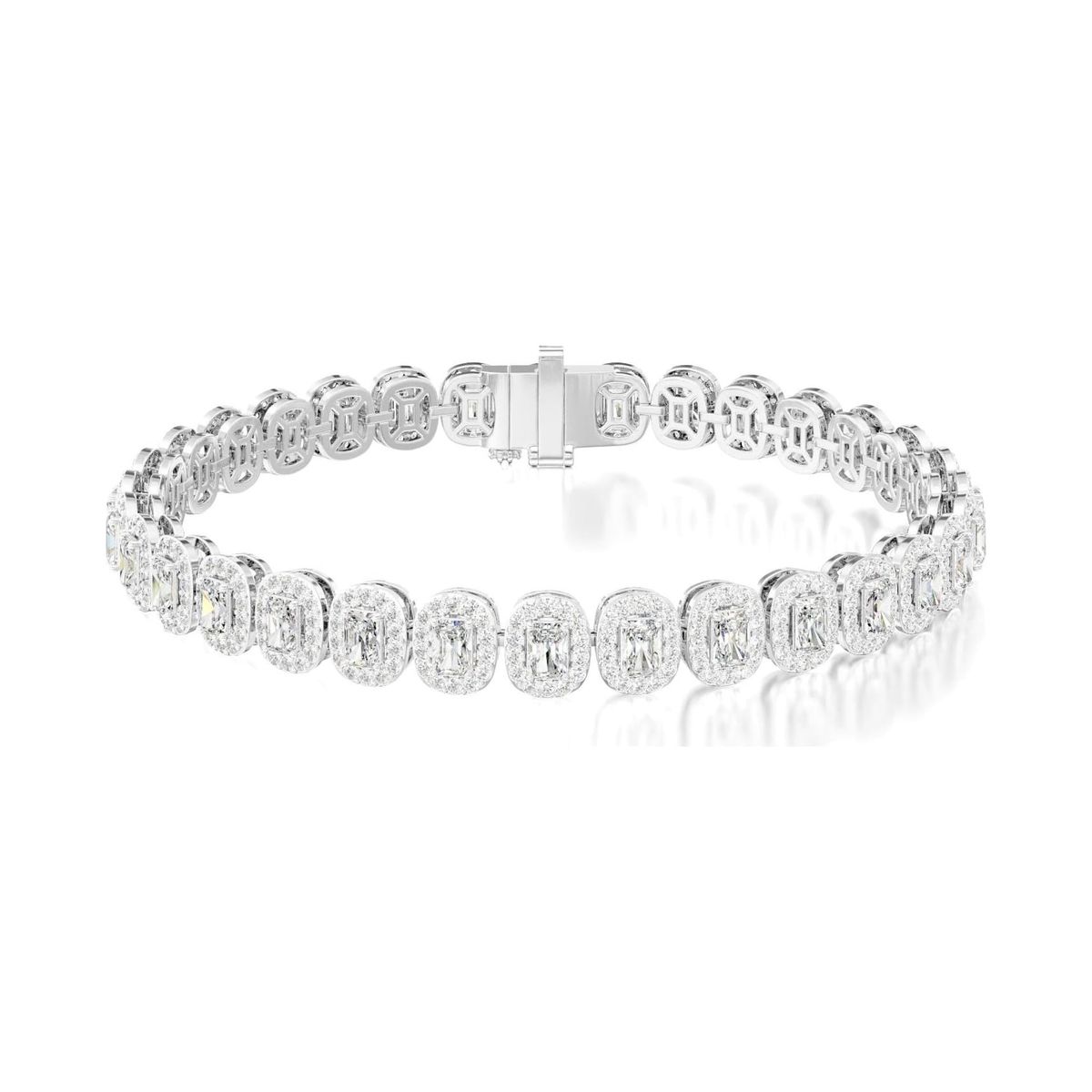radiant-cut halo line bracelet in white gold, rendered on a pure white background, view 1