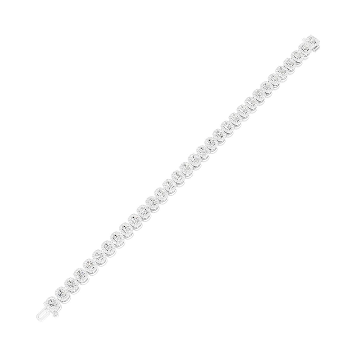 radiant-cut halo line bracelet in white gold, rendered on a pure white background, view 2