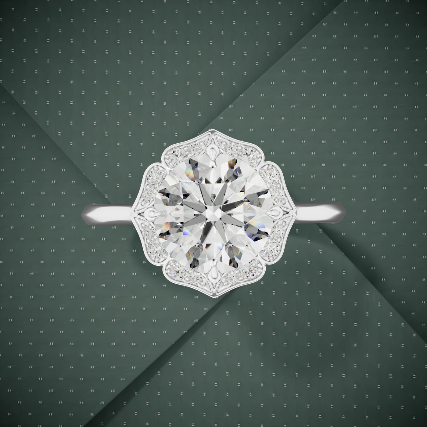 3d render of the same diamond halo ring in white gold