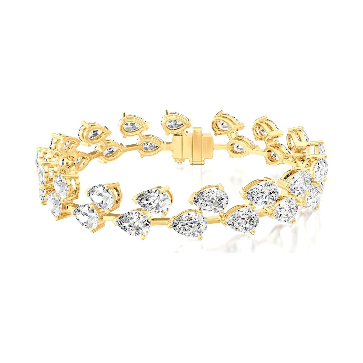 pear-cut cluster line bracelet in yellow gold, rendered on a pure white background, view 1