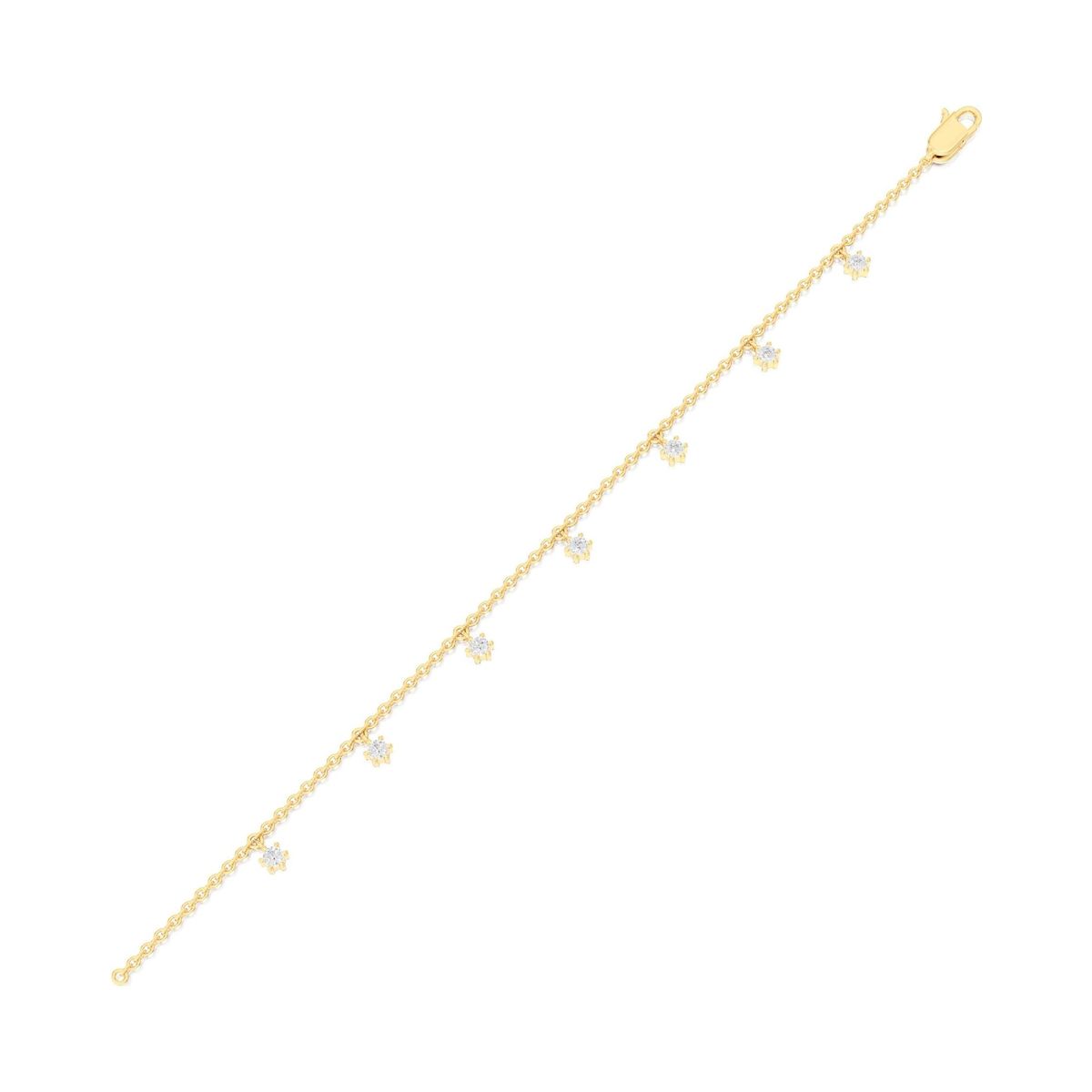 diamond-station cable chain bracelet in yellow gold, rendered on a pure white background, view 2