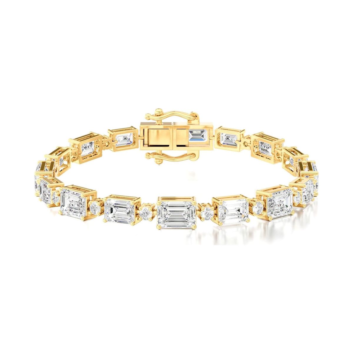 emerald-cut cage-link bracelet in yellow gold, rendered on a pure white background, view 1