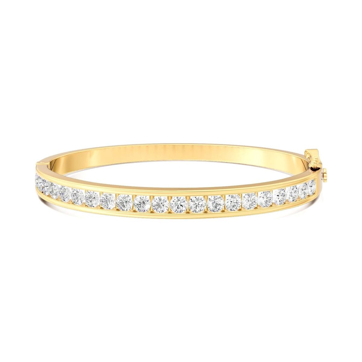 channel-set hinged bangle in yellow gold, rendered on a pure white background, view 1