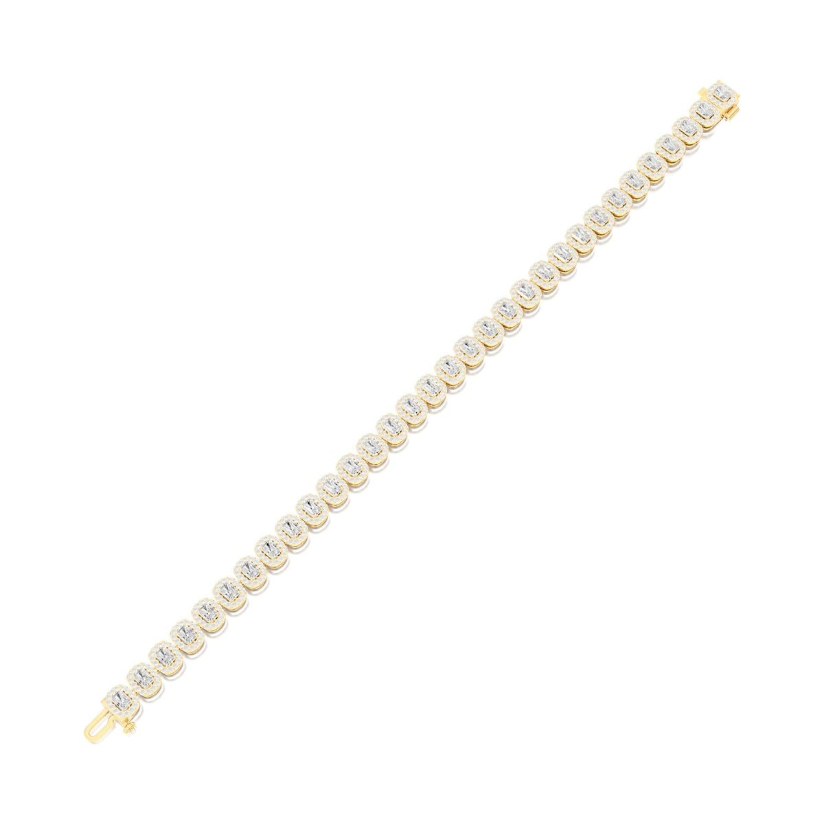 radiant-cut halo line bracelet in yellow gold, rendered on a pure white background, view 2