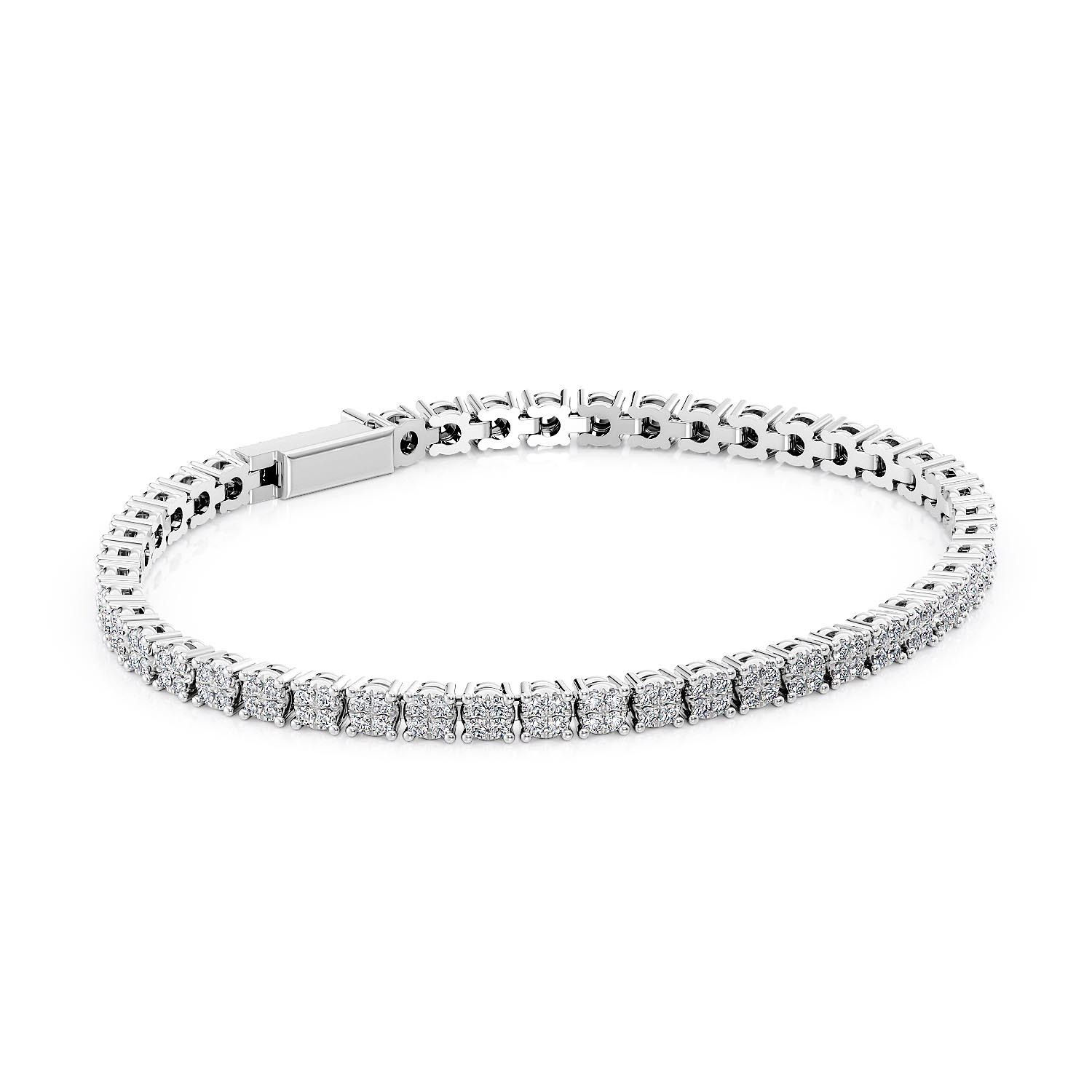 3d render of a diamond tennis bracelet on a white background