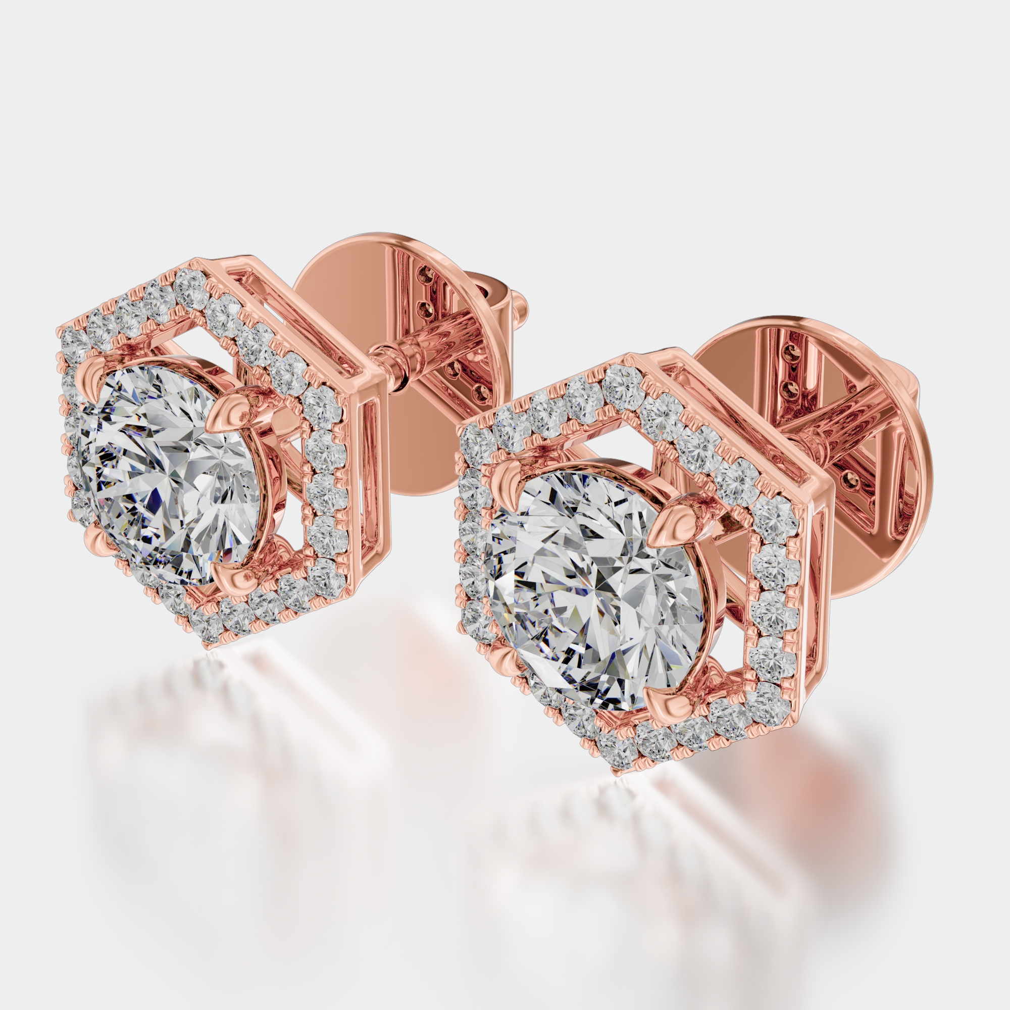 3d render of a rose gold diamond pair of earrings