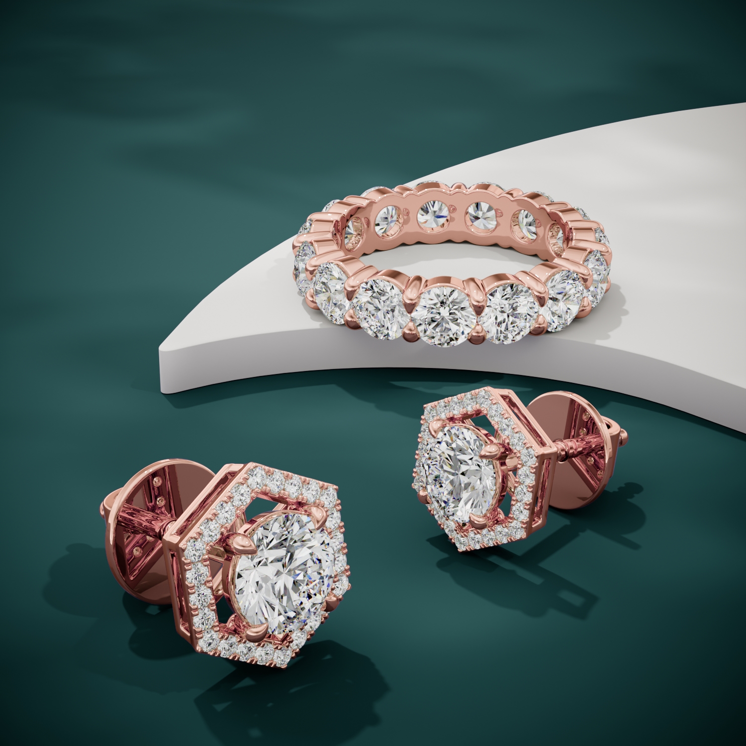 3d render of a rose gold diamond pair of earrings