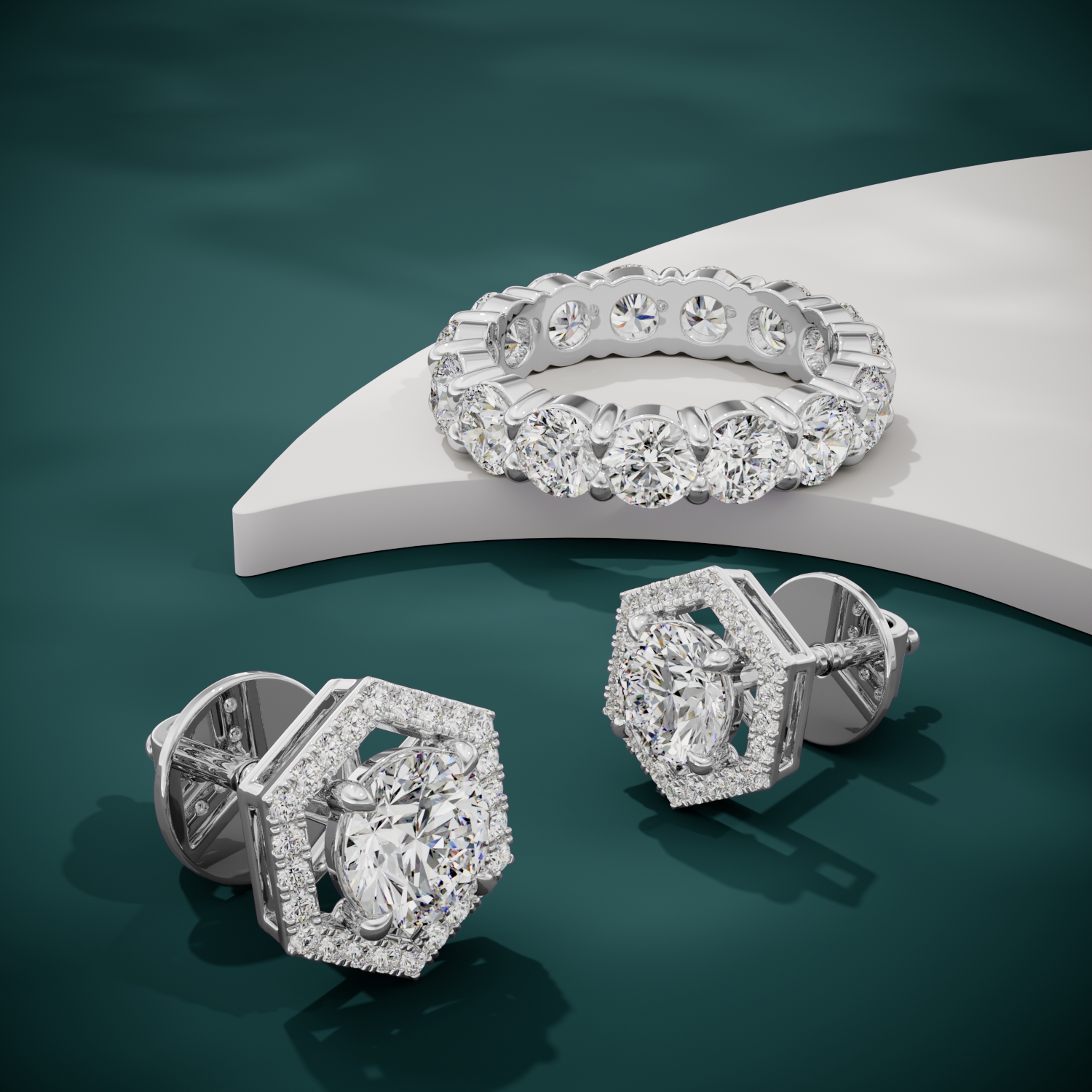 3d render of a white gold diamond pair of earrings