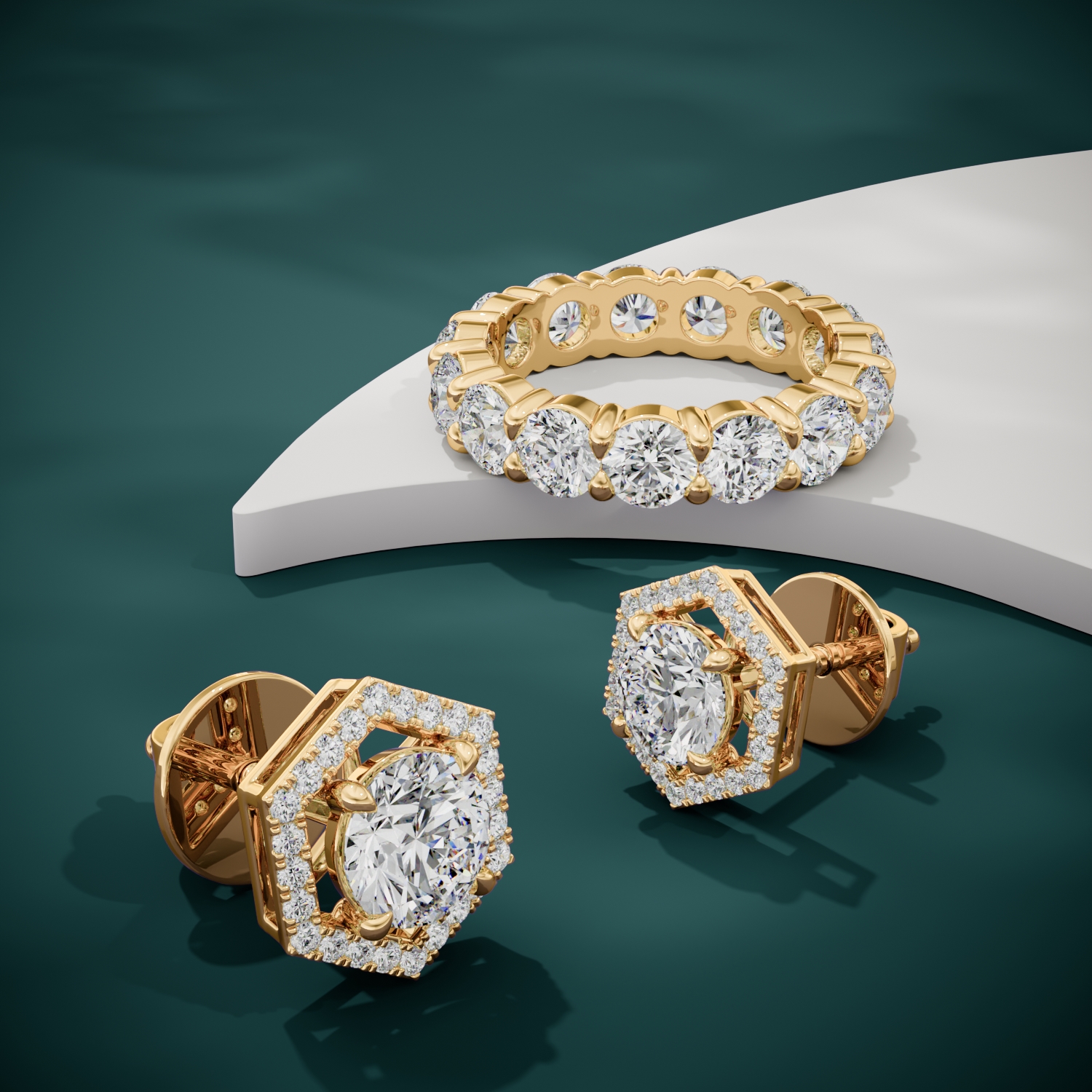 3d render of a yellow gold diamond pair of earrings