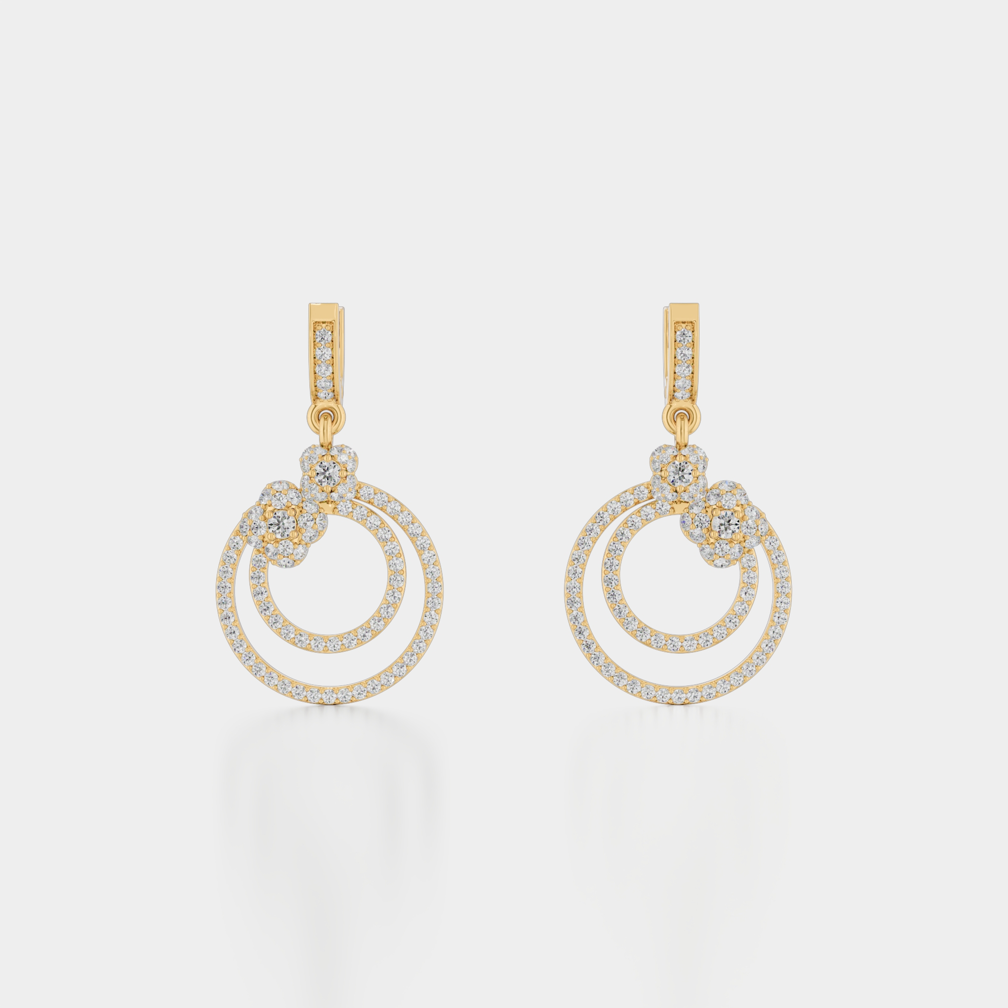 3d render of a yellow gold diamond pair of earrings