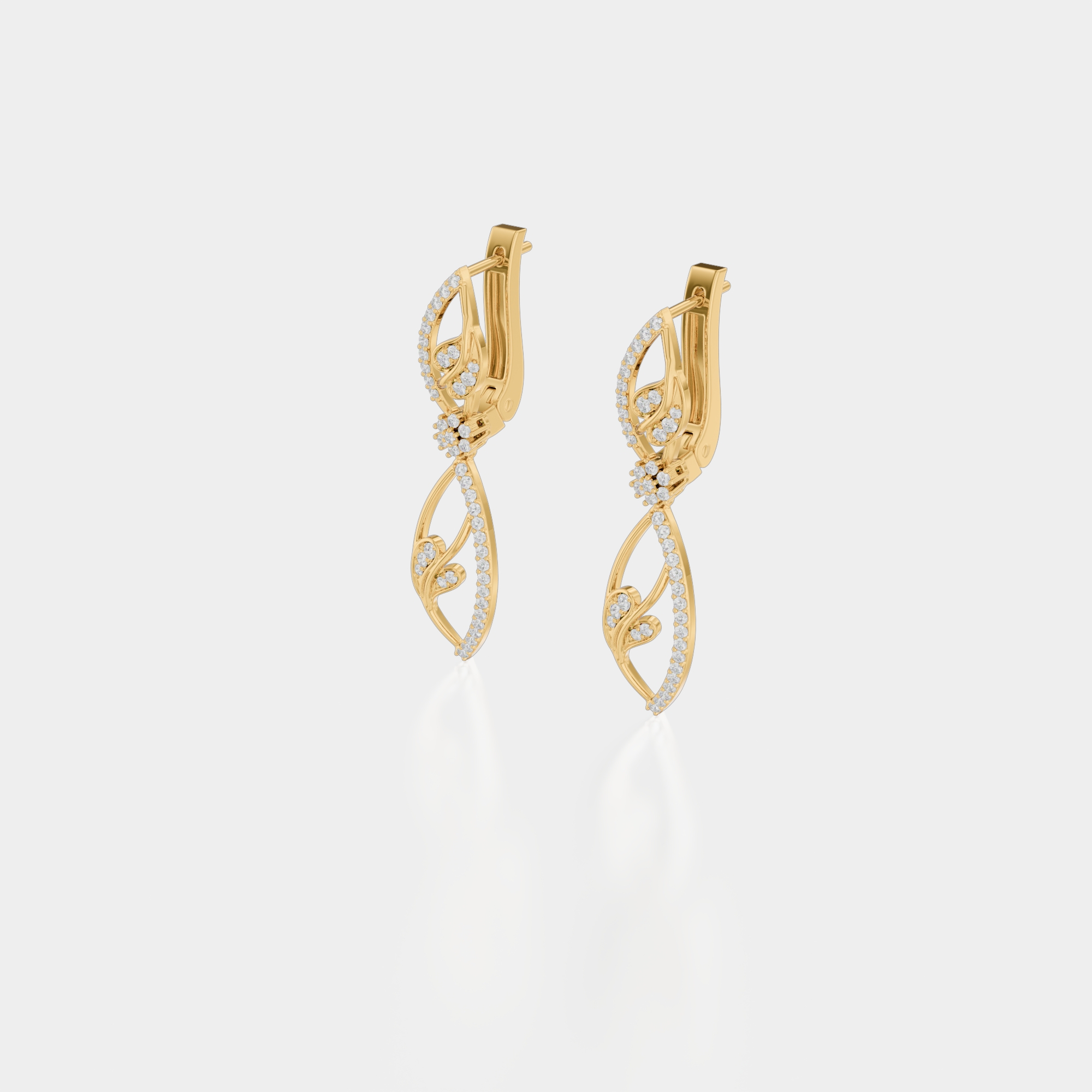 3d render of a yellow gold diamond pair of earrings