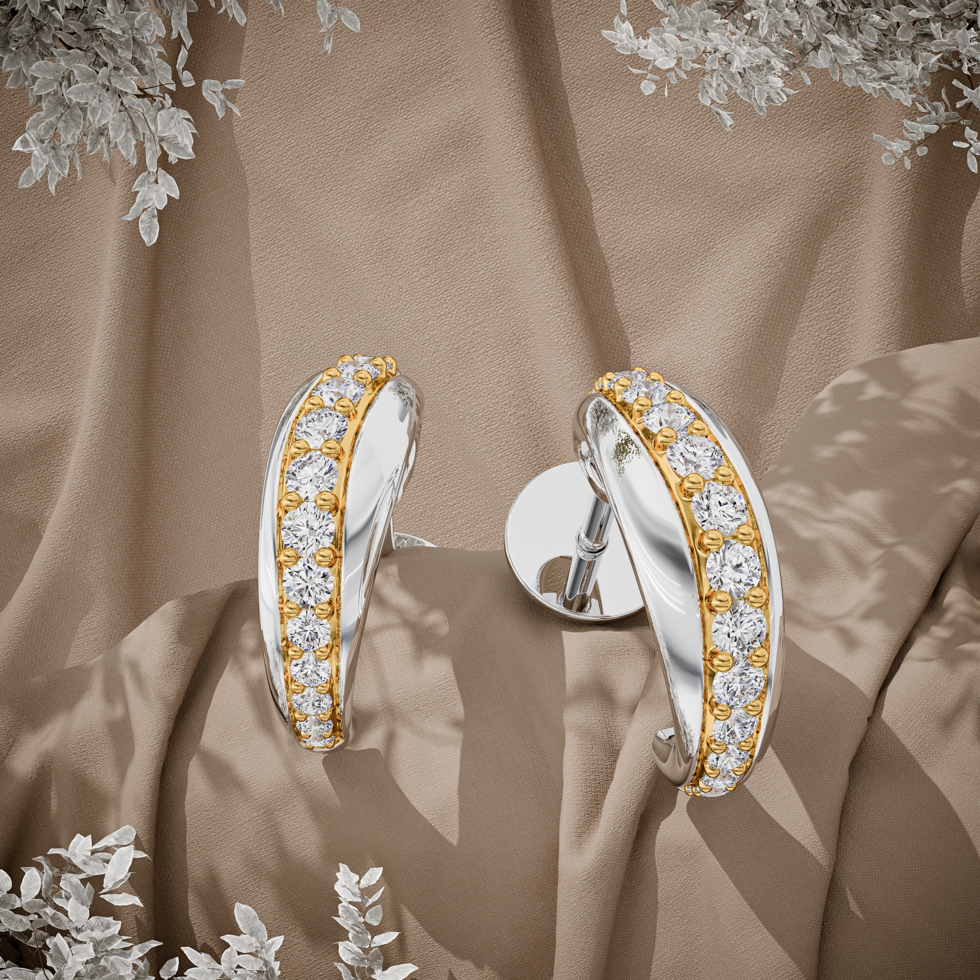 3d render of a white gold diamond pair of earrings