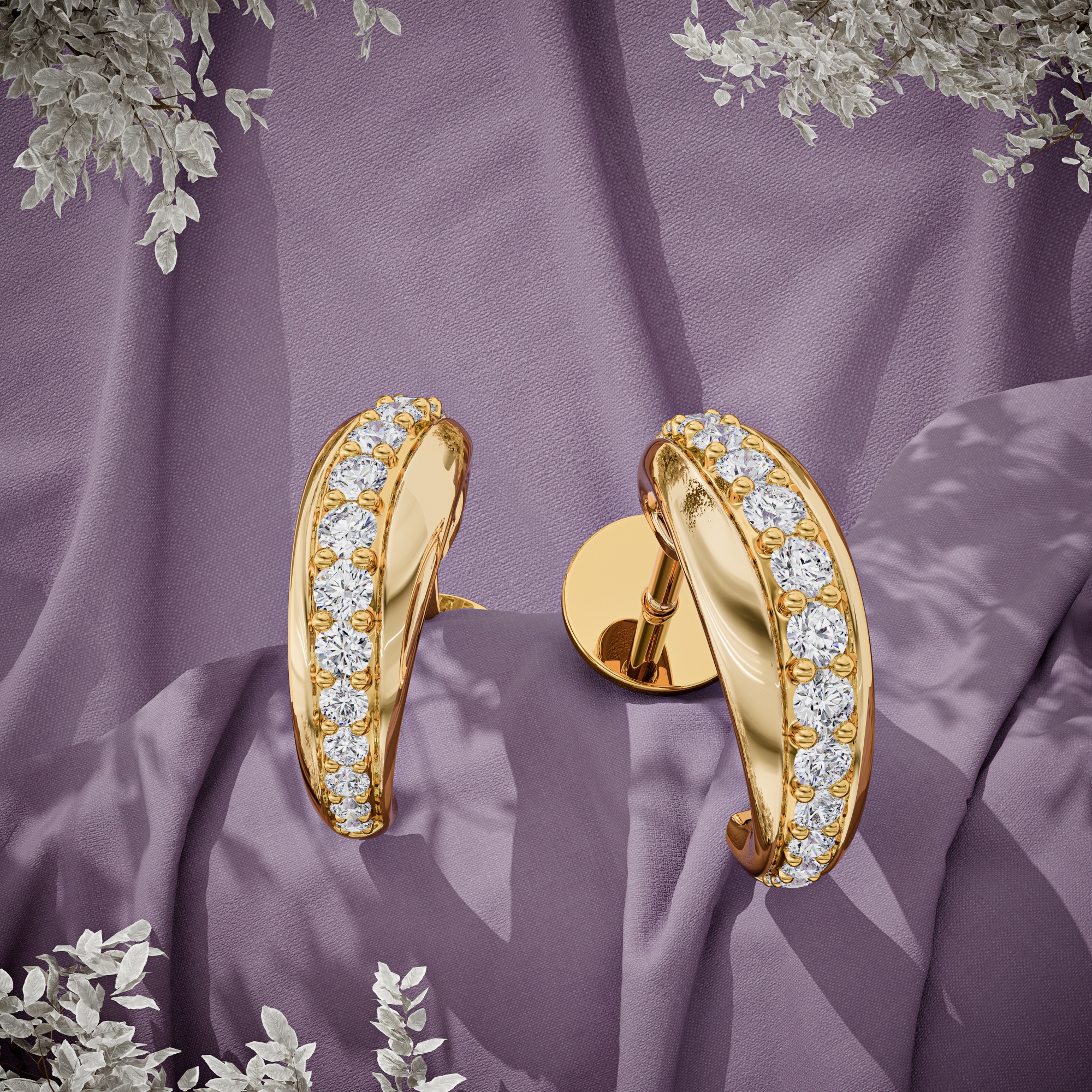3d render of a yellow gold diamond pair of earrings