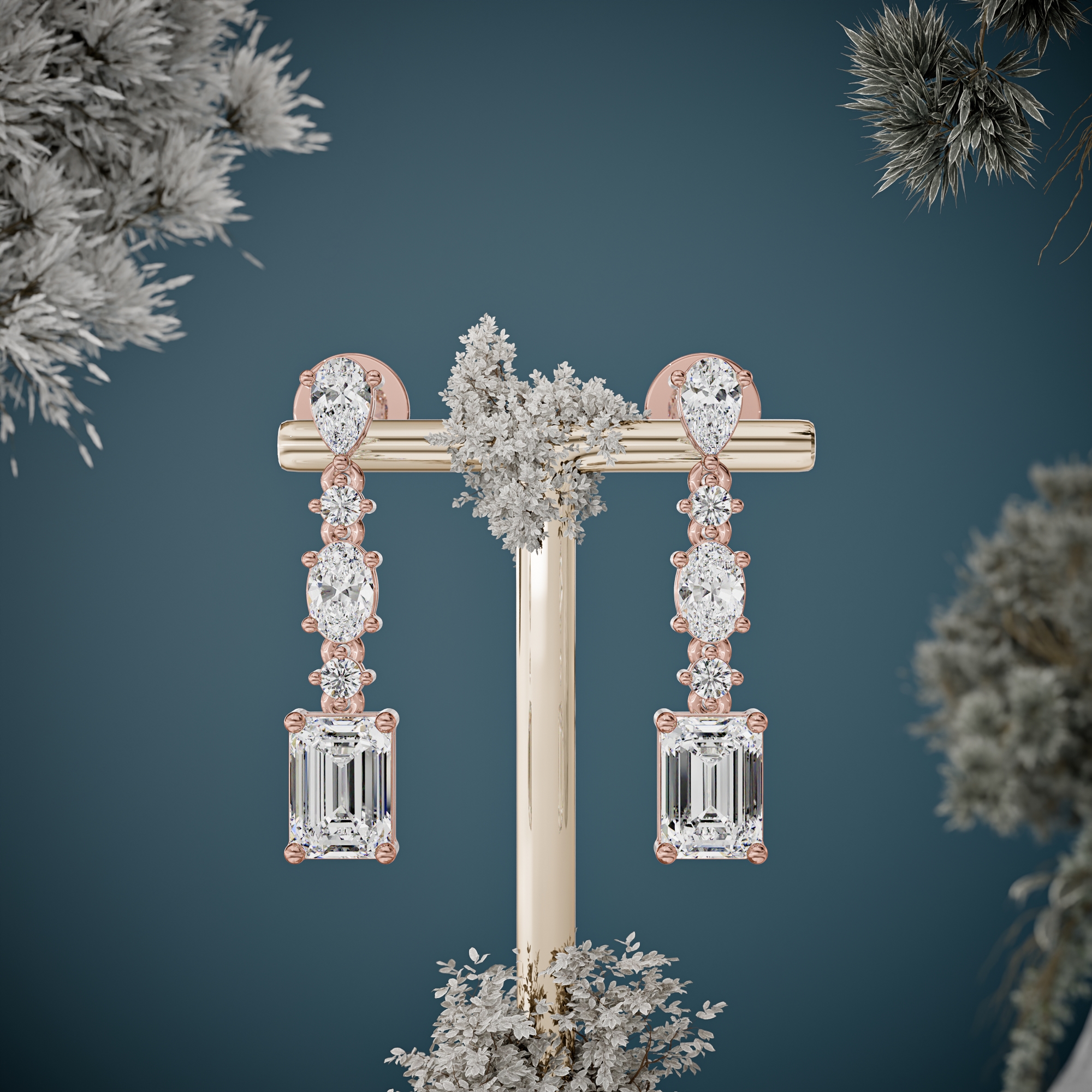 3d render of a rose gold diamond pair of earrings