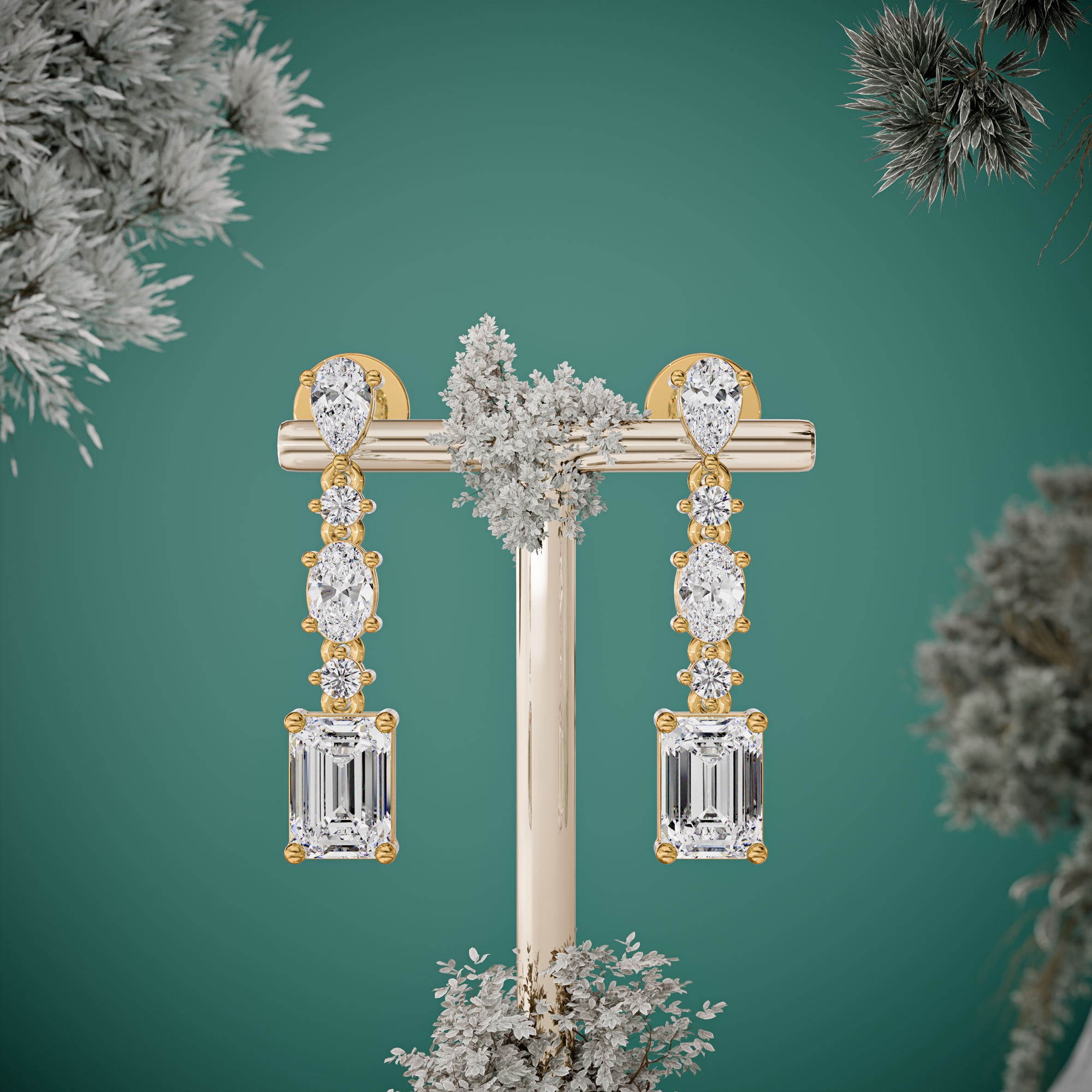 3d render of a yellow gold diamond pair of earrings