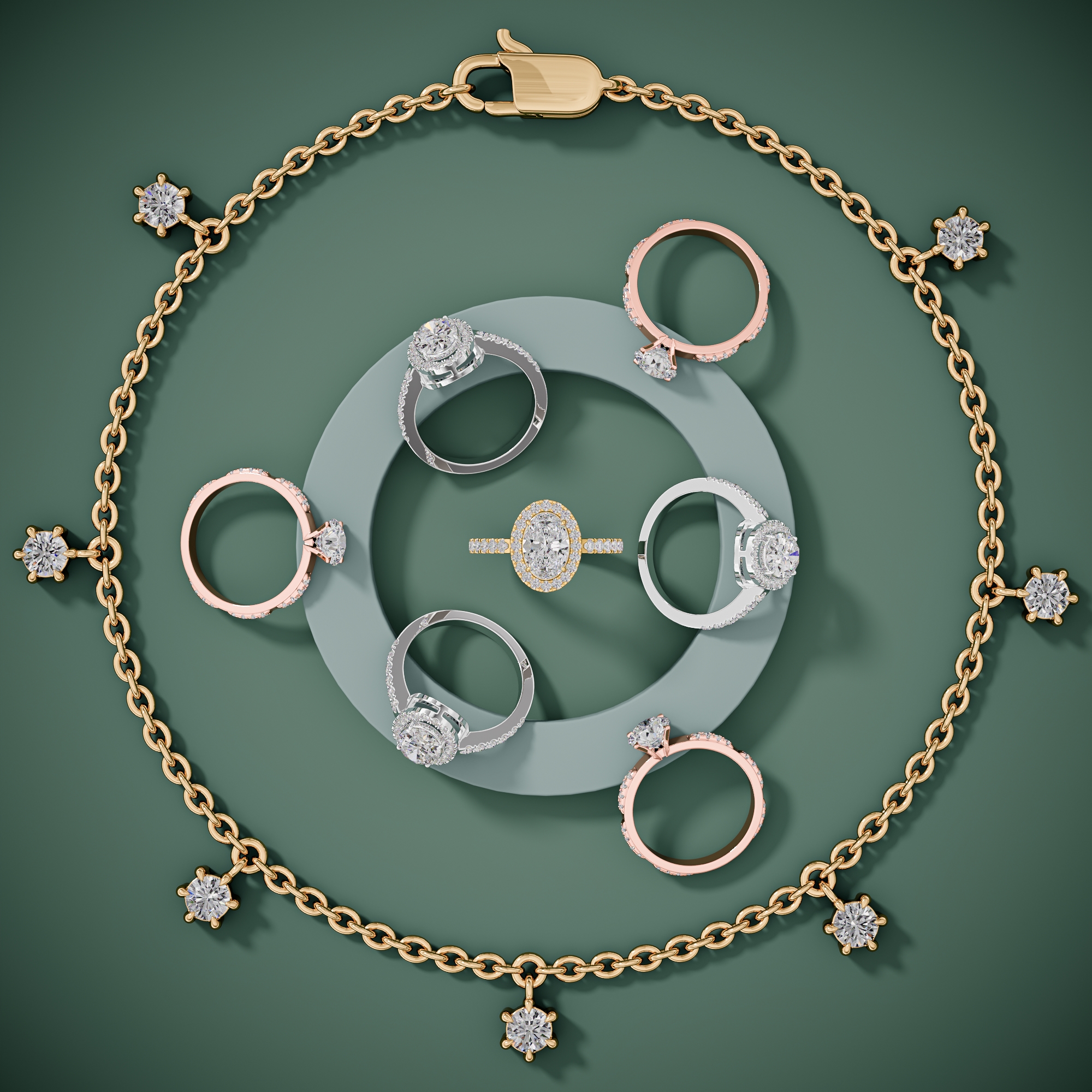 jewelry showcase trays of 14k gold gemstone rings, earrings and pendants on grey suede stands with SKU tags