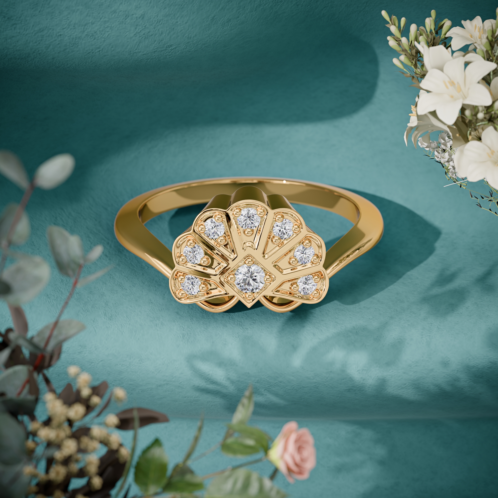 3d render of a yellow gold diamond ring